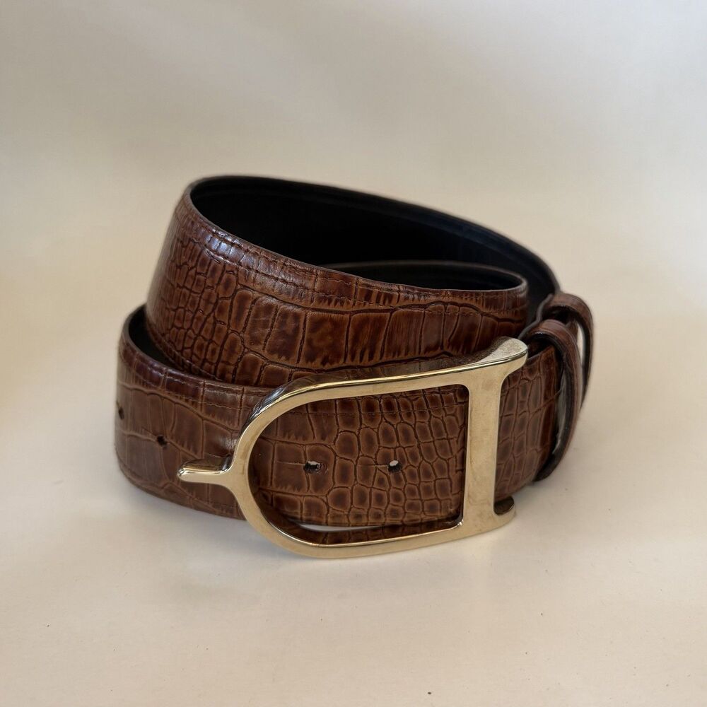 G Duftler Equestrian Spur Belt 34 Croc Embossed Leather 2" Wide Oversized Buckle - Picture 4 of 8